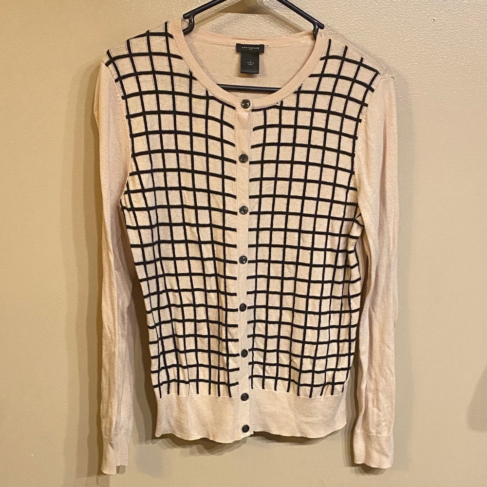 Ann Taylor Beige and Black Grid Button Down Shirt